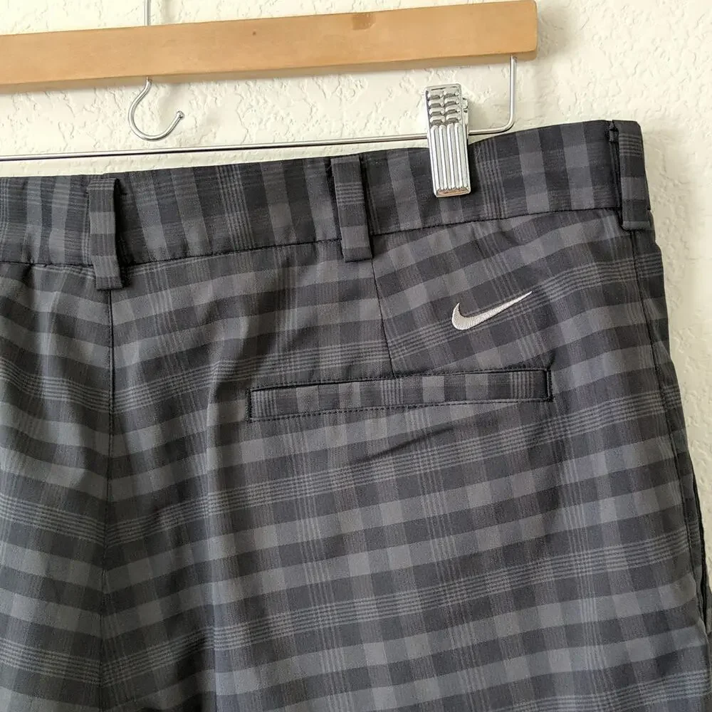 Nike Golf‎ Men's Checkered Shorts Dri Fit Black Plaid Flat Front Golfing Size 36